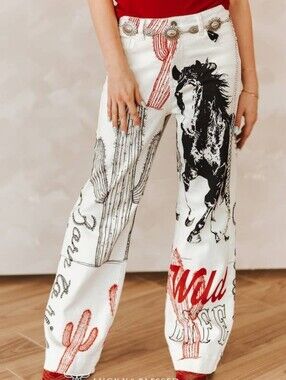 NEW Lucky & Blessed Ivory Western Cactus, Horse Printed High Rise Wide Leg Jeans
